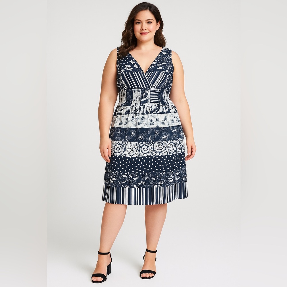 Neelam 100% cotton‎ wrap front elastic waist navy floral midi dress, L